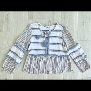 American Eagle Striped Cotton Blouse w Pom Poms